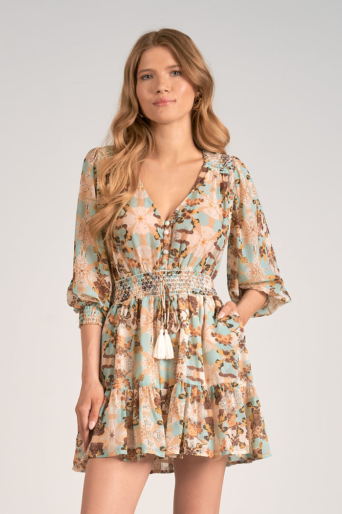 3/4 Sleeve V-Neck Mini Dress - White/Blue Orchid