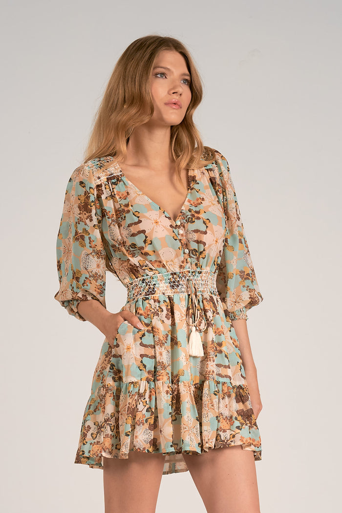 3/4 Sleeve V-Neck Mini Dress - White/Blue Orchid