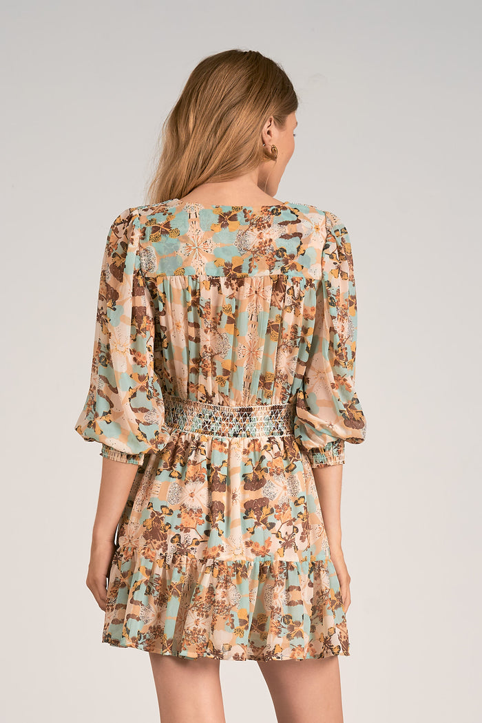 3/4 Sleeve V-Neck Mini Dress - White/Blue Orchid