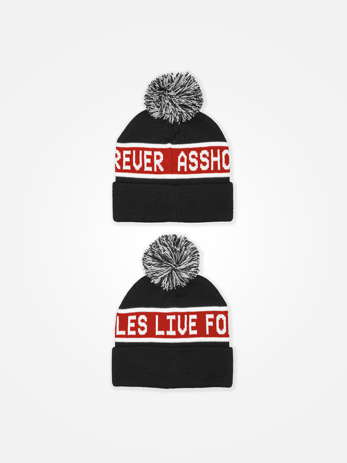 ASSHOLES LIVE FOREVER Striped Pom Beanie Black