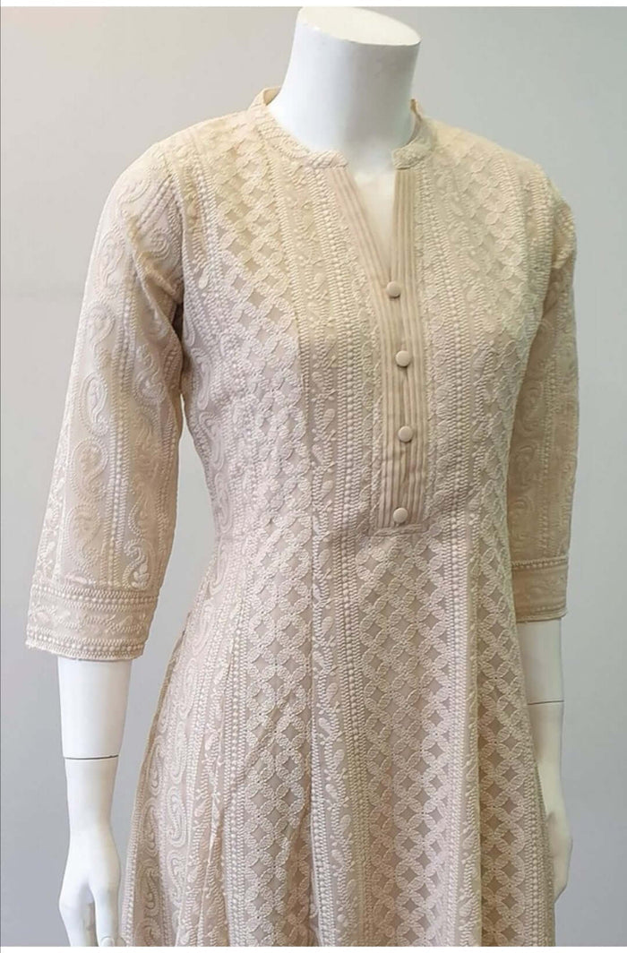 Beige Chikankari A-Line Kurti Sizes 8-22