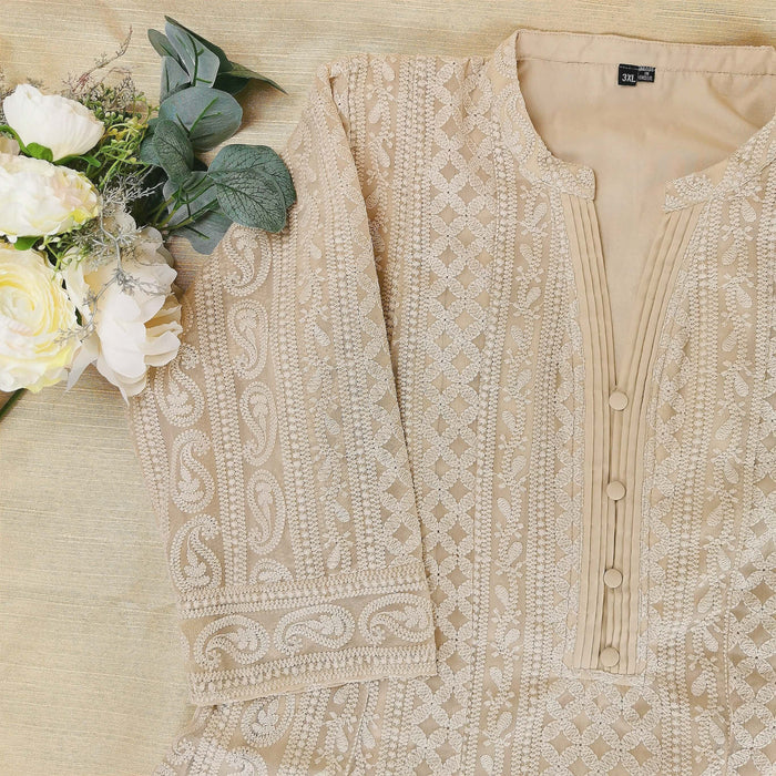 Beige Chikankari A-Line Kurti Sizes 8-22