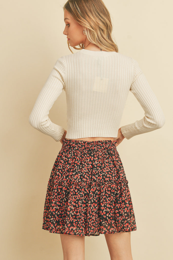 Berry Blossom Tiered Mini Skirt - Black/Red Floral