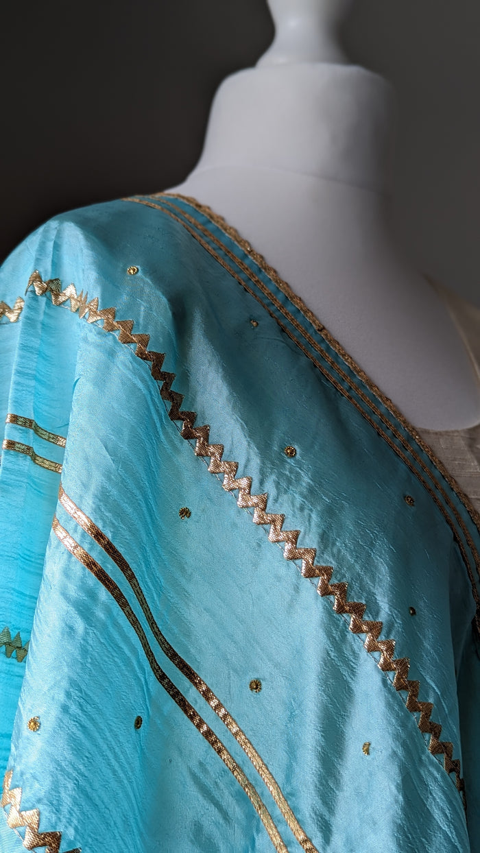 Blue Silk Dupatta (Shawl) with Gota Embroidery