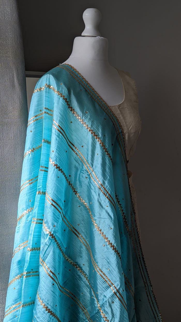 Blue Silk Dupatta (Shawl) with Gota Embroidery