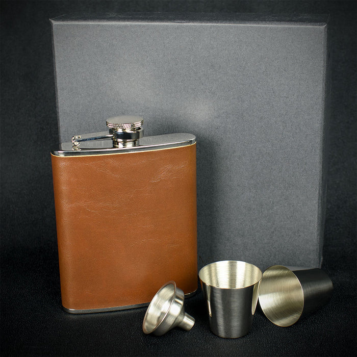 Brown Leather Hip Flask + 2 Cups  - 6oz Stainless Steel