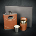 Brown Leather Hip Flask + 4 Cups  - 6oz Stainless Steel