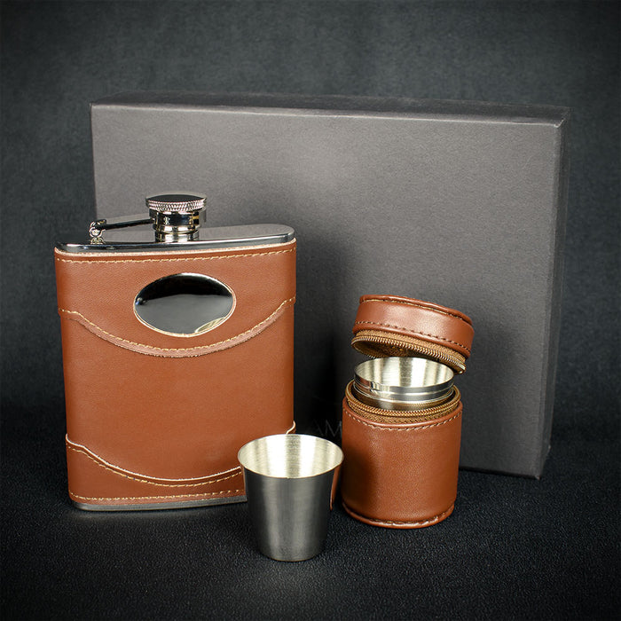 Brown Leather Hip Flask + 4 Cups  - 6oz Stainless Steel