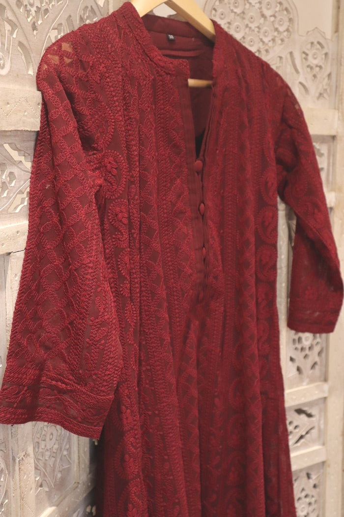Burgundy Chikankari A-Line Kurti Sizes 8-22