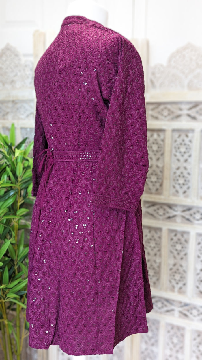 Burgundy Short Belted Chikankari Kurti