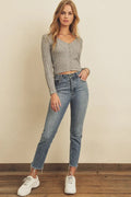 Button-Down Knit Cardigan Top - Grey