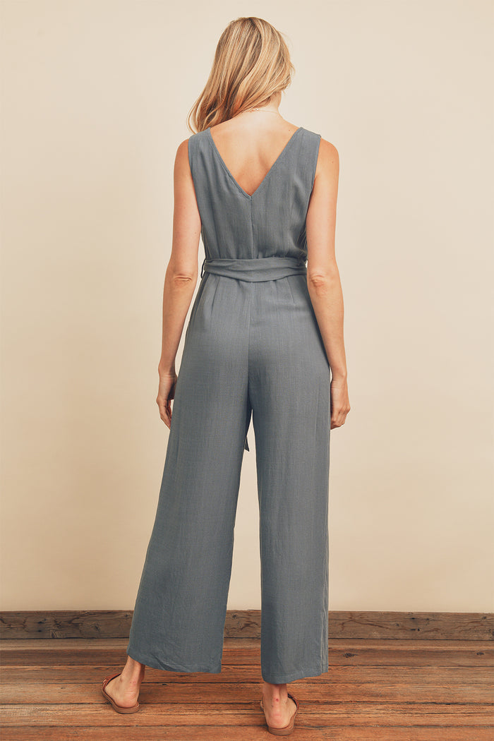 Button-Down Sash Belt Jumpsuit - Washed Teal