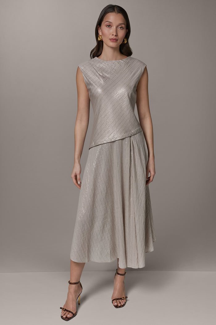 CAP SLEEVE ASYMMETRIC MIDI FIT AND FLARE DRESS