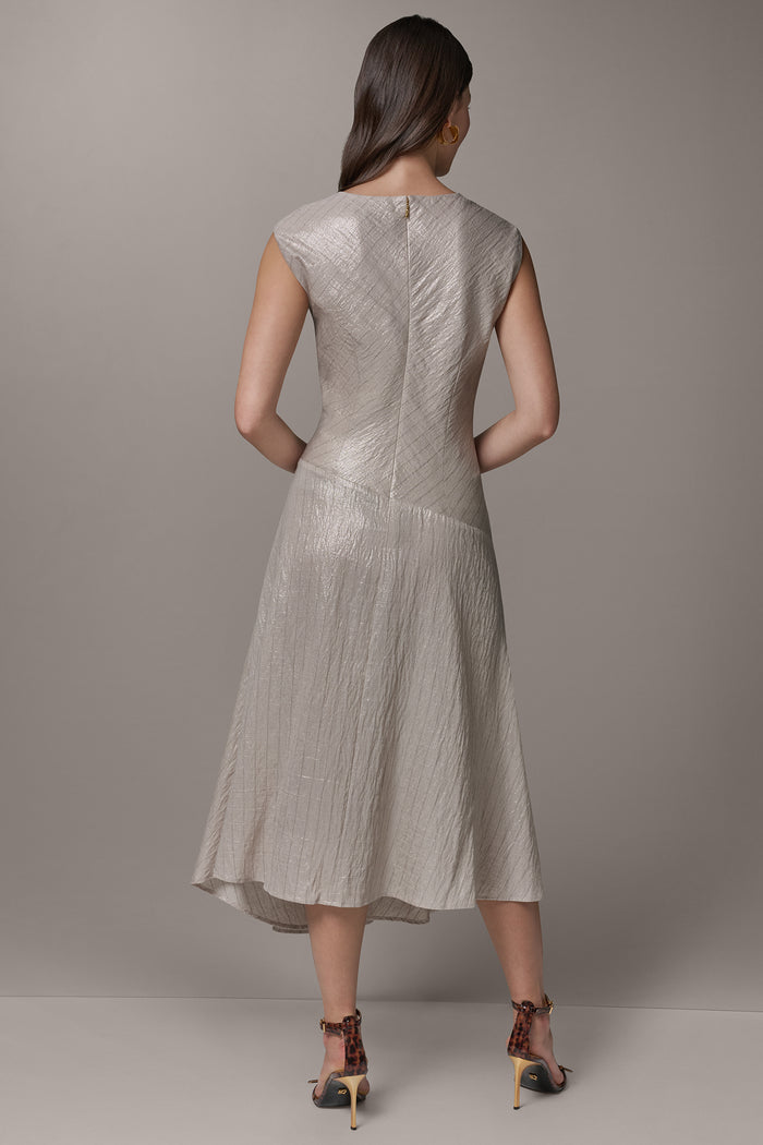 CAP SLEEVE ASYMMETRIC MIDI FIT AND FLARE DRESS