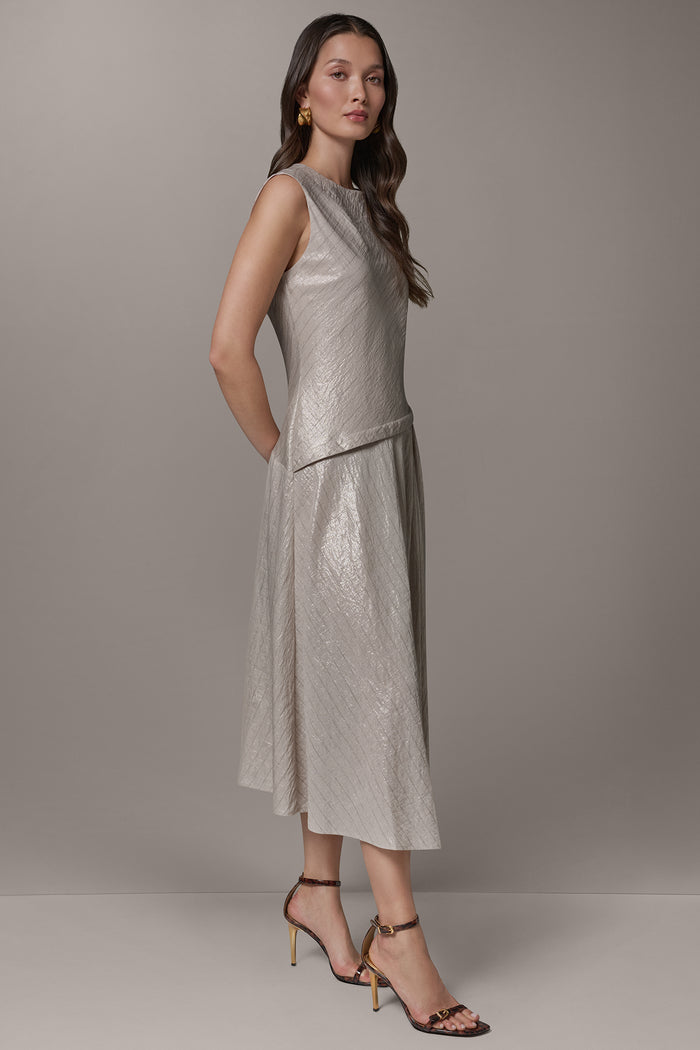 CAP SLEEVE ASYMMETRIC MIDI FIT AND FLARE DRESS