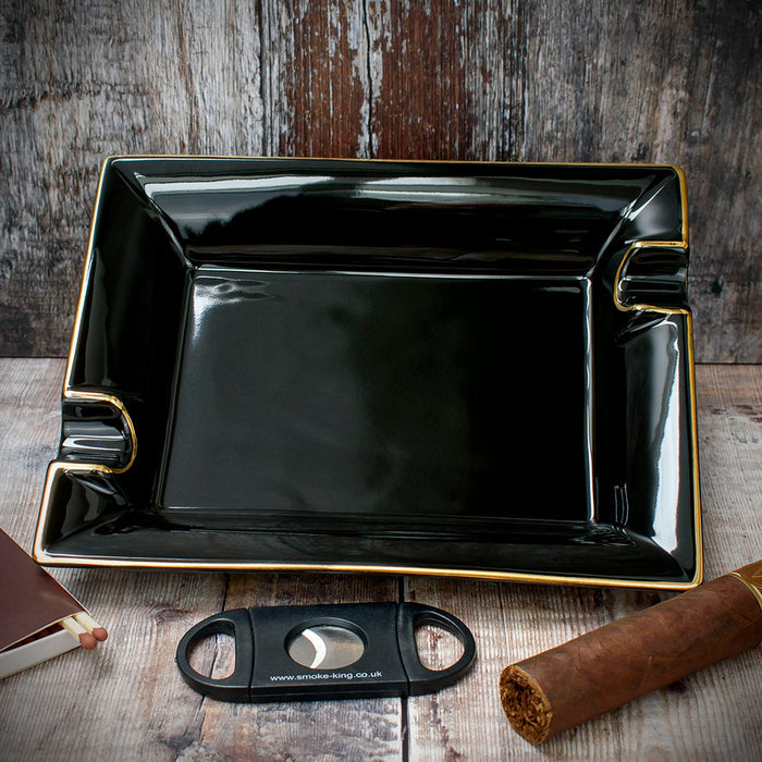 Cigar Ashtray - Black Ceramic  Two Rests