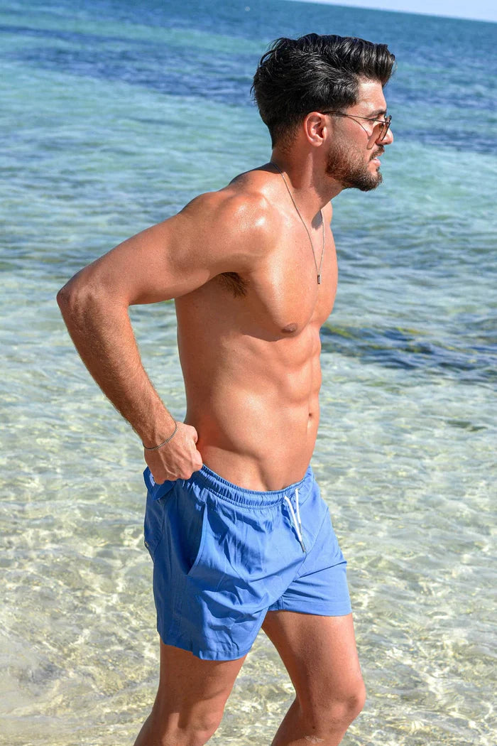 Classic Switch Swim Shorts - Water-Activated Pattern - Blue to Flamingos