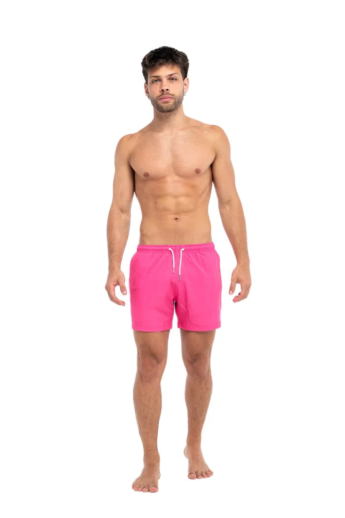 Classic Switch Swim Shorts - Water-Activated Pattern - Pink to Palm Trees