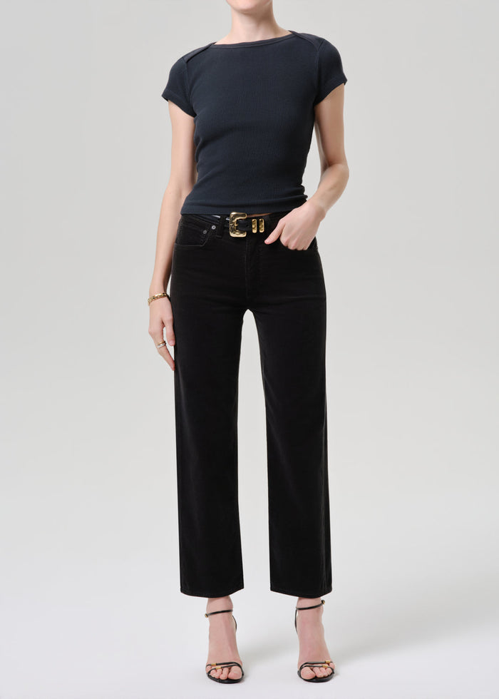 Citizens of Humanity Palma Straight corduroy pant in Juniper, shown on model, full front view