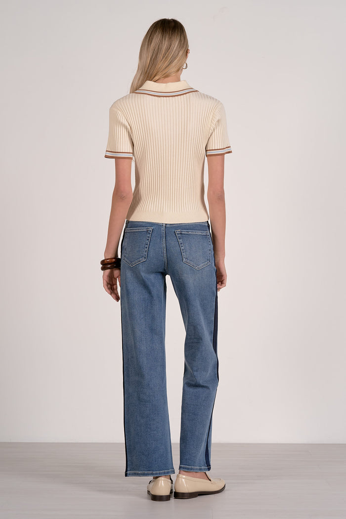 Collared Short Sleeve Sweater Tee - Cream