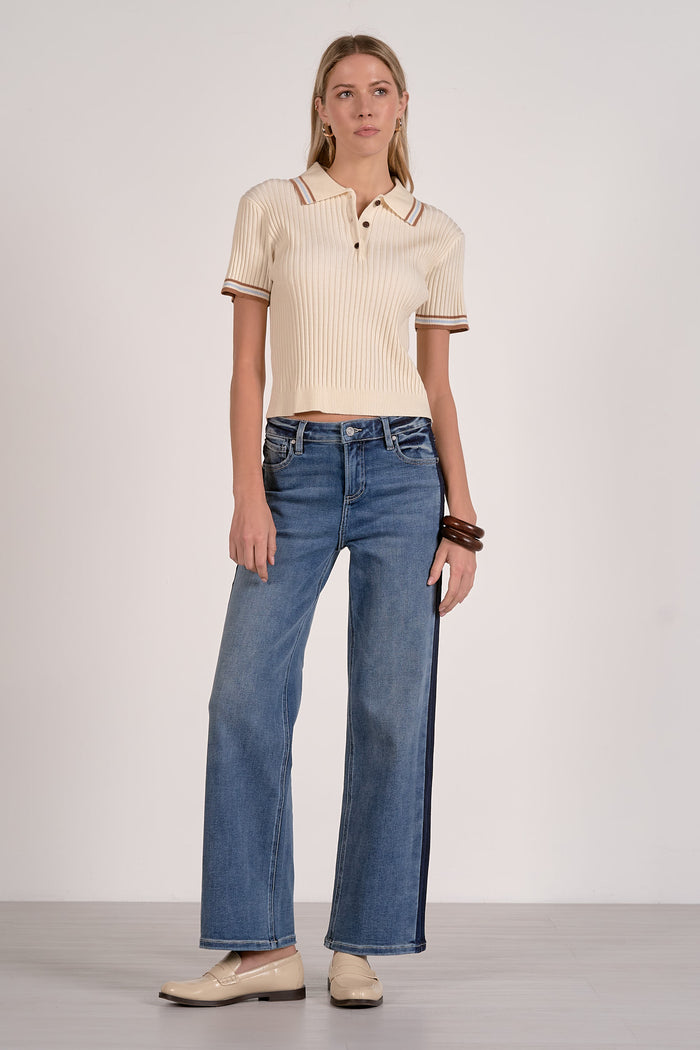 Collared Short Sleeve Sweater Tee - Cream