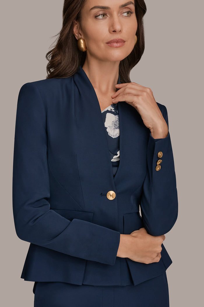 COLLARLESS PLEATED PEPLUM BLAZER