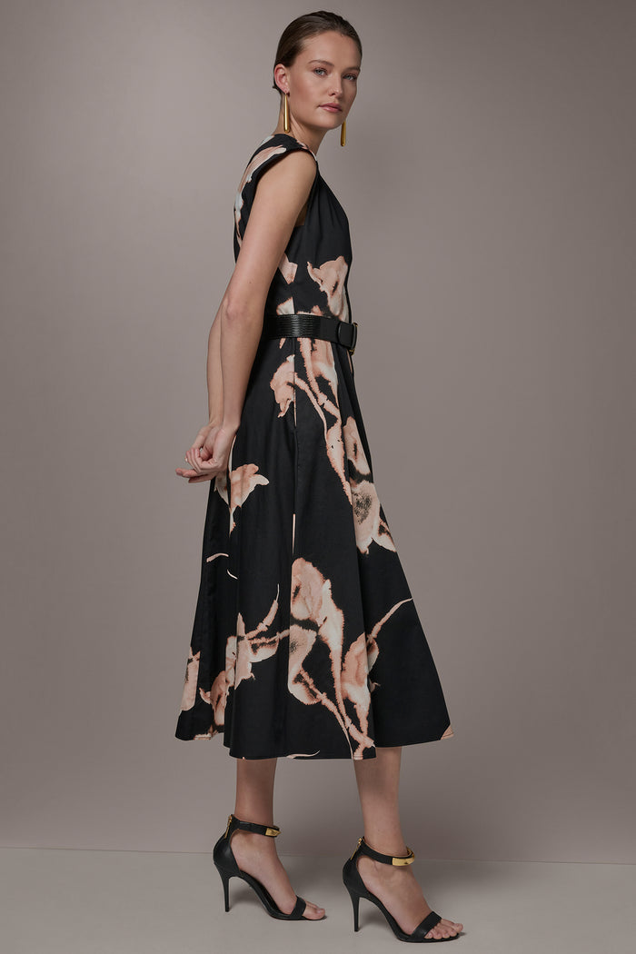 COTTON-SATEEN FLORAL MIDI DRESS
