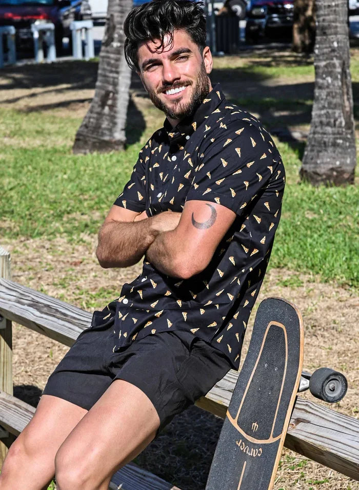 Cotton Stretch Short Sleeve Button-Down Shirt - Pizza