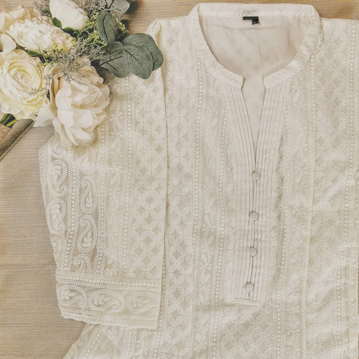 Cream Chikankari A-Line Kurti Sizes 8-22