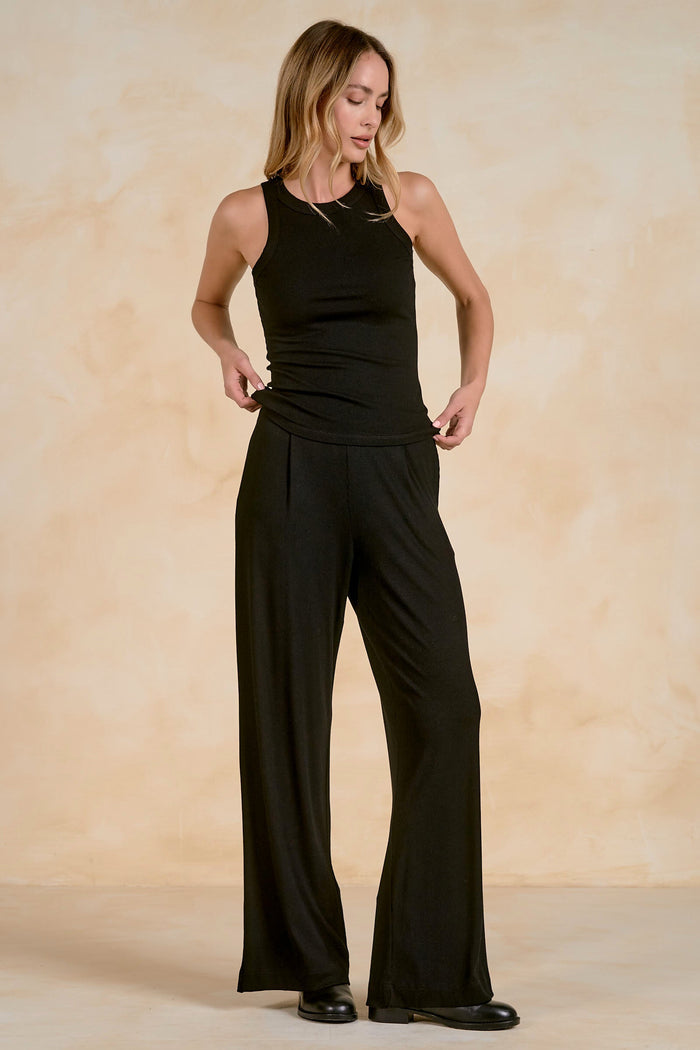 Crew Neck Ribbed Tank Top - Black - Black