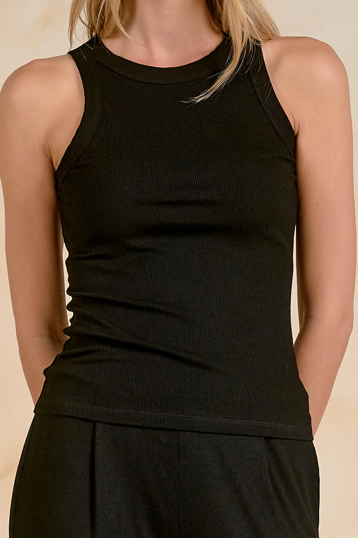 Crew Neck Ribbed Tank Top - Black - Black