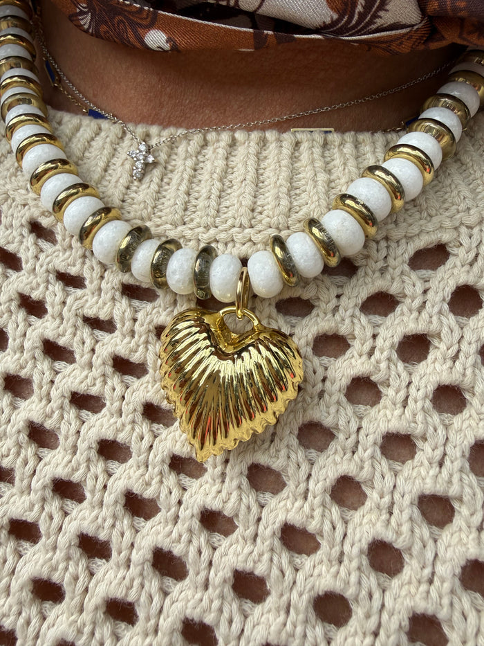 Cristina V Gold Puffy Heart and Bead Necklace