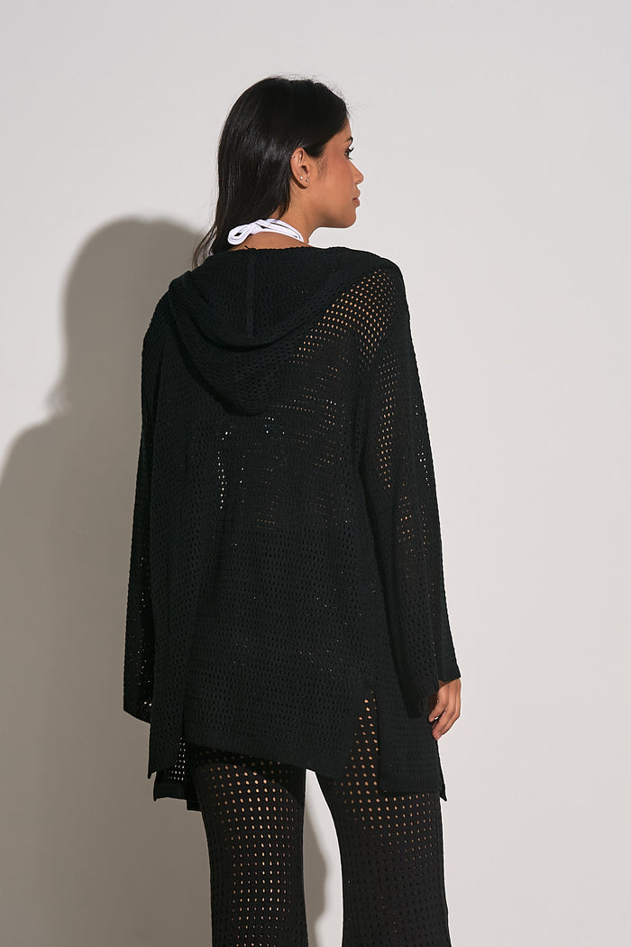 Crochet Cardigan with Hood - Black