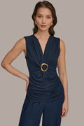 DEEP V-NECK BUCKLE BLOUSE
