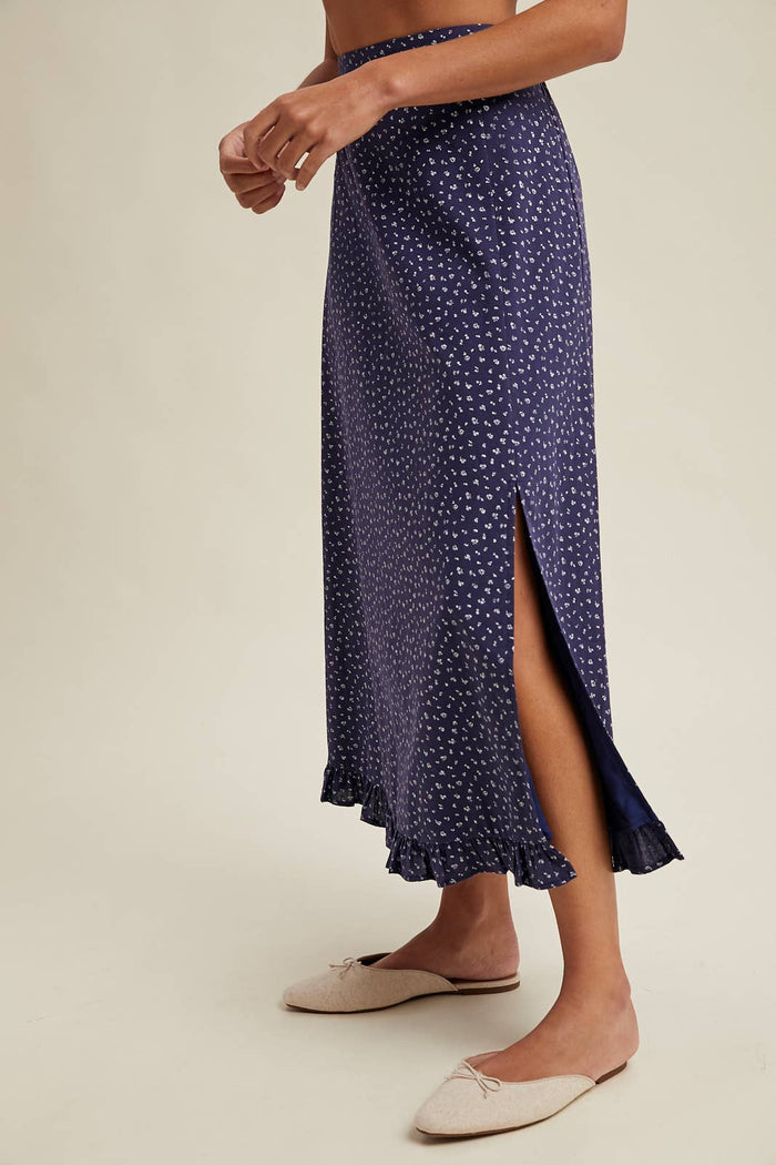 DITSY FLORAL MIDI SKIRT WITH RUFFLE DETAIL