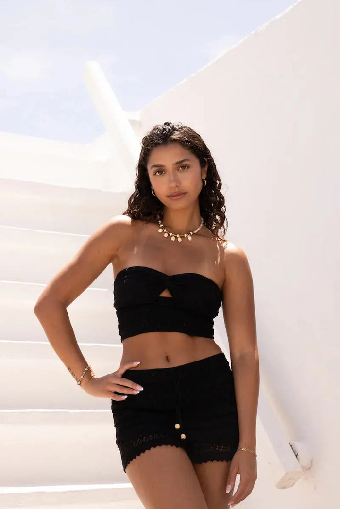 Drawstring Crochet Skort - Black