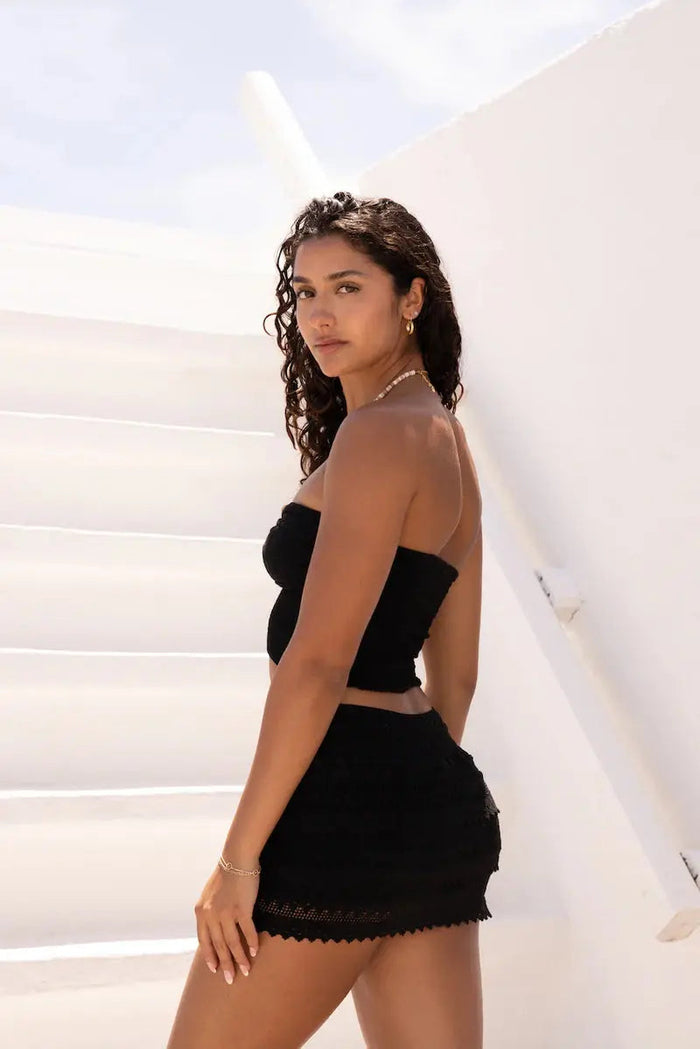 Drawstring Crochet Skort - Black