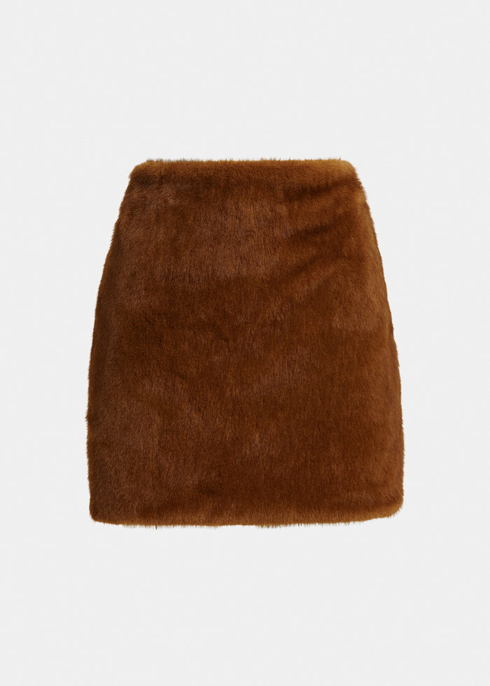 Essentiel Antwerp Kabocha reversible faux fur mini skirt in brown, shown on model