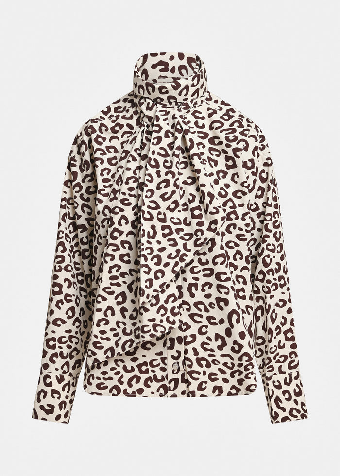 Essentiel Antwerp Khaleesi Pussy Bow Tie Shirt in Bear Me print, front view