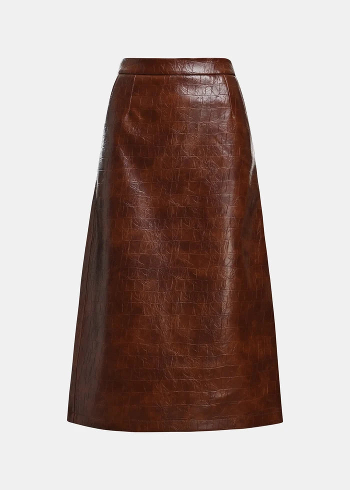 Essentiel Antwerp Kind croco-effect faux leather midi skirt in brown, shown on model