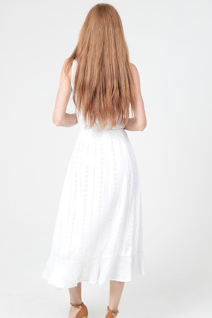 Eyelet Side Slit Ruffle Midi Skirt - White