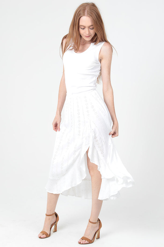 Eyelet Side Slit Ruffle Midi Skirt - White