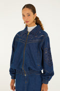 Farm Rio Richelieu Heart Jacket in Denim, shown on model