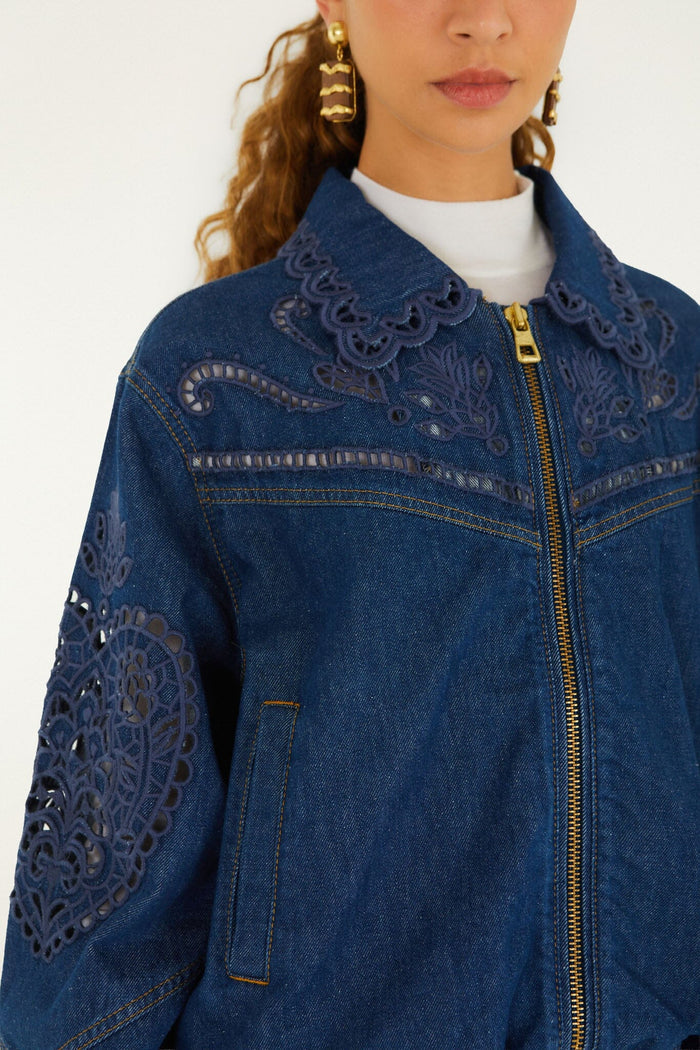 Farm Rio Richelieu Heart Jacket in Denim, alternate view on model