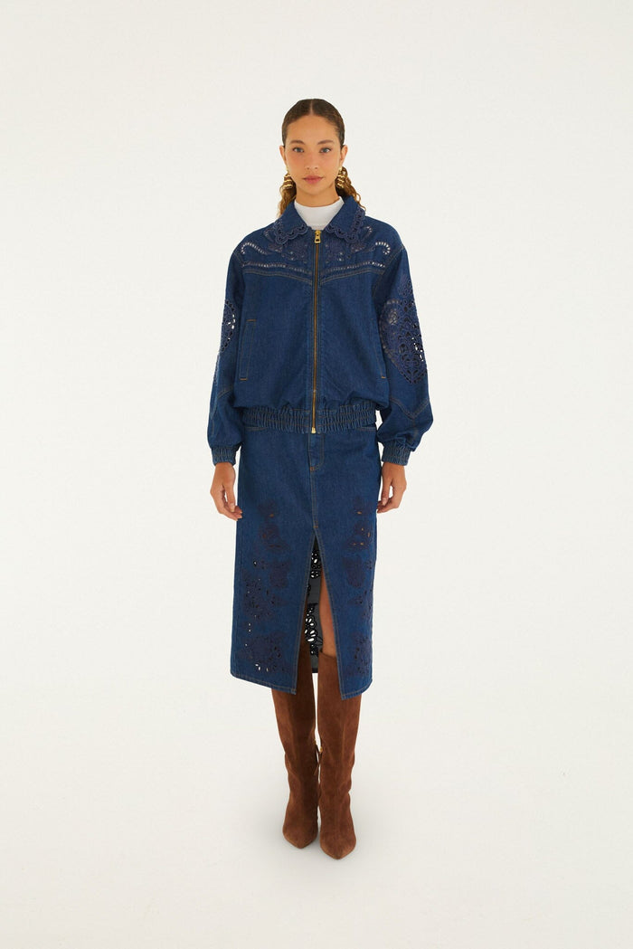 Farm Rio Richelieu Midi Skirt in Denim, shown on model