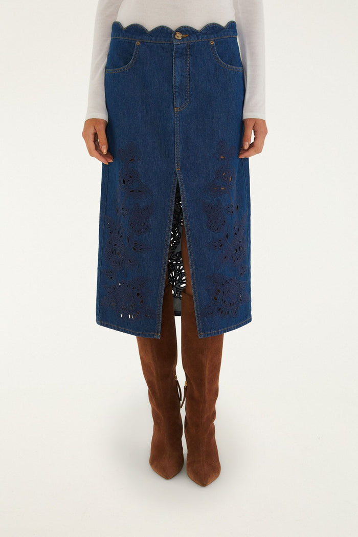 Farm Rio Richelieu Midi Skirt in Denim, alternate view on model