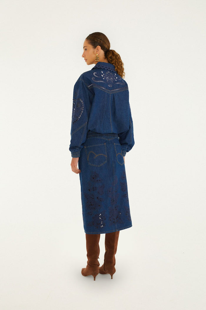 Farm Rio Richelieu Midi Skirt in Denim, additional view showing the front slit and embroidery