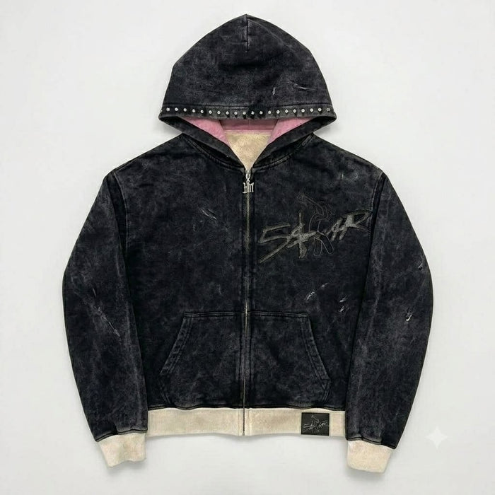 Five $tar "Acid Wash Charcoal" Rhinestone Zip-Up Hoodie – Distressed Heavyweight Fleece