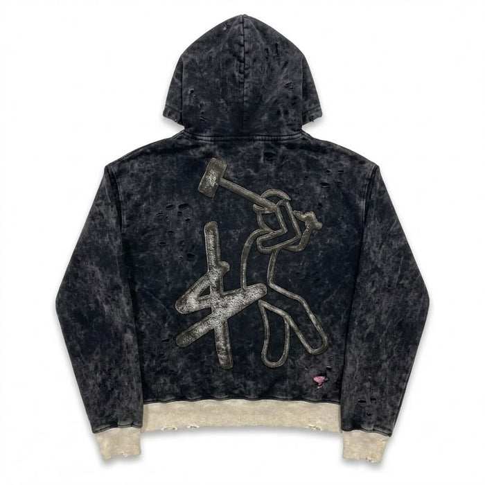 Five $tar "Acid Wash Charcoal" Rhinestone Zip-Up Hoodie – Distressed Heavyweight Fleece