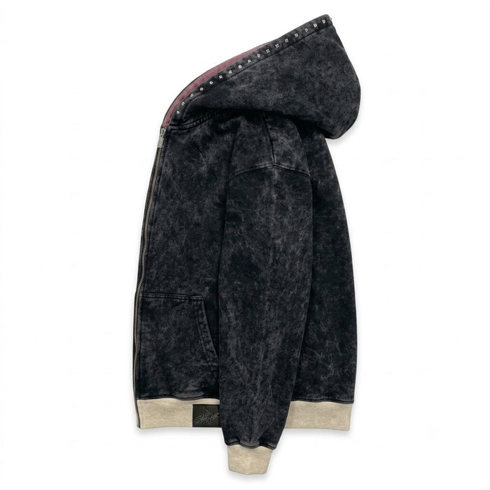 Five $tar "Acid Wash Charcoal" Rhinestone Zip-Up Hoodie – Distressed Heavyweight Fleece